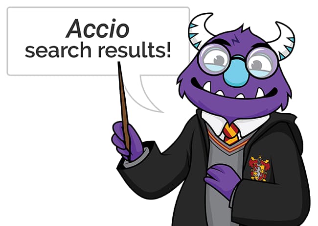 Monster in a goofy costume stating the searched product cannot be found